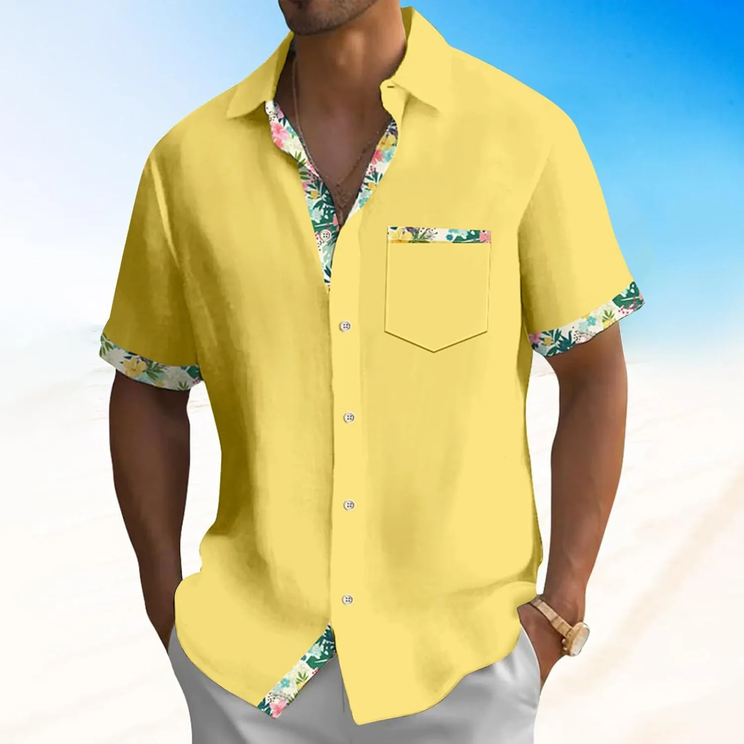 Hawaiian Shirt for Men Button Down Short Sleeve Blouse Stretch V Neck Blouses Summer Beach Aloha Shirts with Pocket