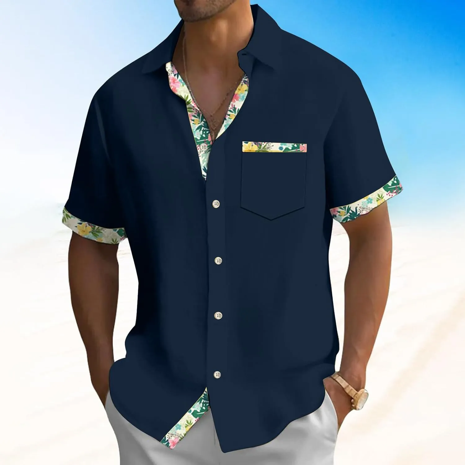 Hawaiian Shirt for Men Button Down Short Sleeve Blouse Stretch V Neck Blouses Summer Beach Aloha Shirts with Pocket