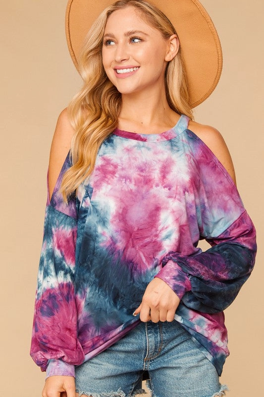 Timeless Cut Heidi Tie Dye Bubble Sleeve Cold Shoulder Top