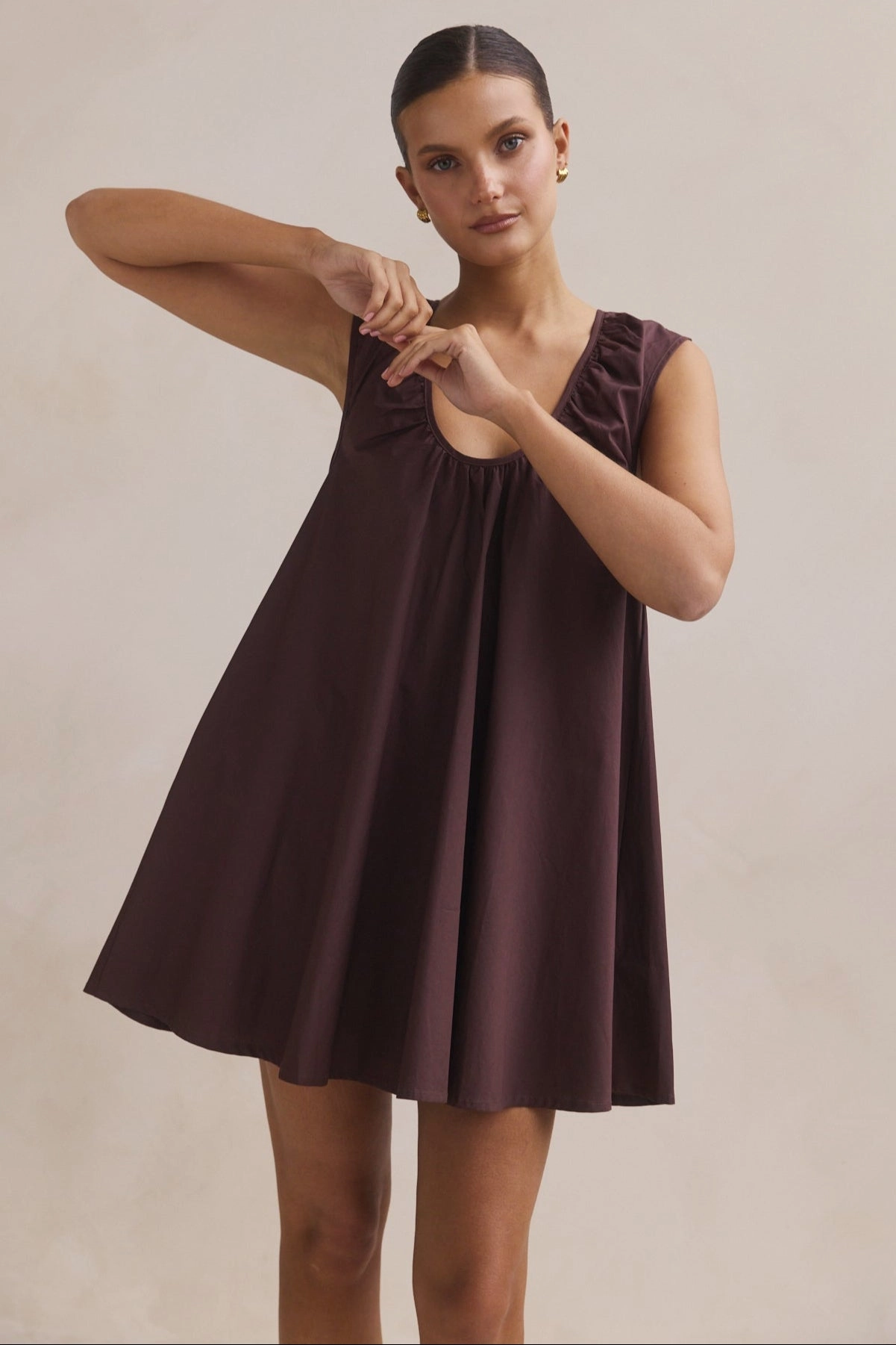 Helena Mini Dress (Chocolate) Smooth Texture Soft Layering