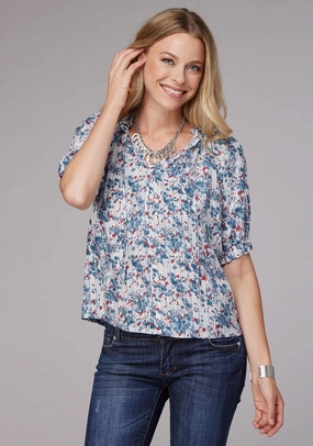 Layered Collar Sustainable Manufacturing Process Roper Womens 2074 Ditzy Floral White 100% Rayon S/S Blouse