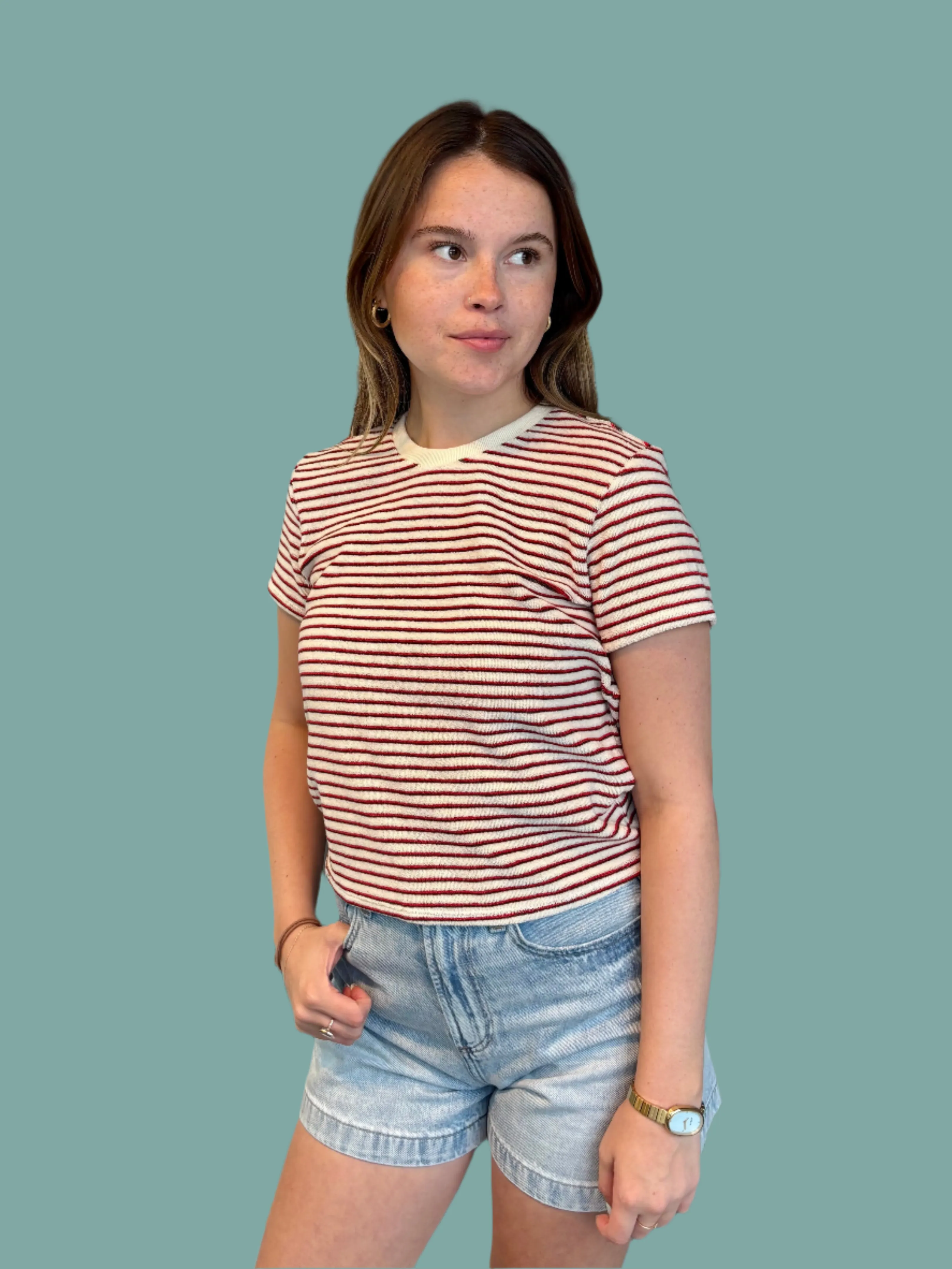 Bree Terry Stripe Short Sleeve Tee OEKOTEX Certified Fabric RibbedTrims