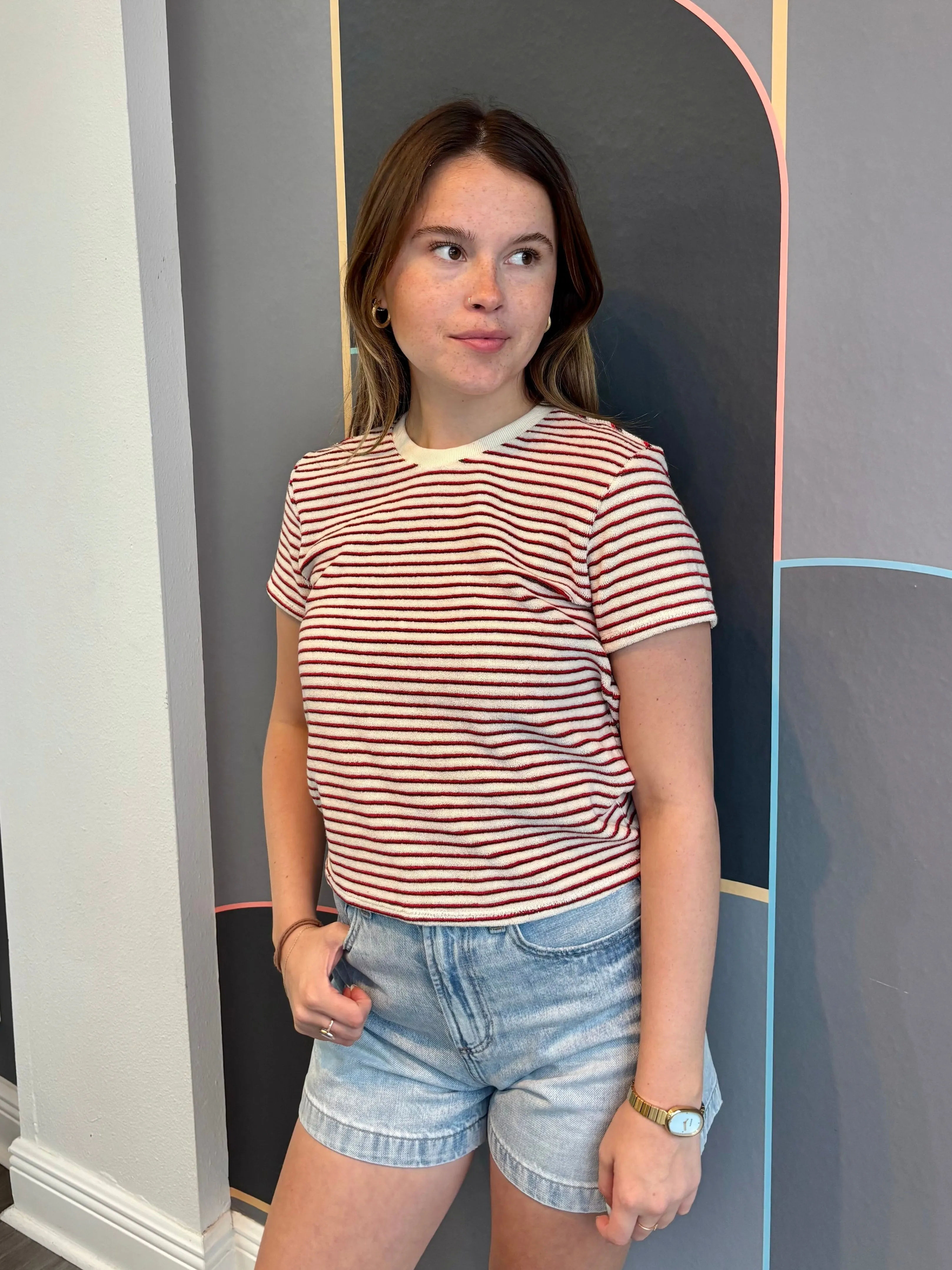 Bree Terry Stripe Short Sleeve Tee Bonded Seam Tape AdjustableClosure