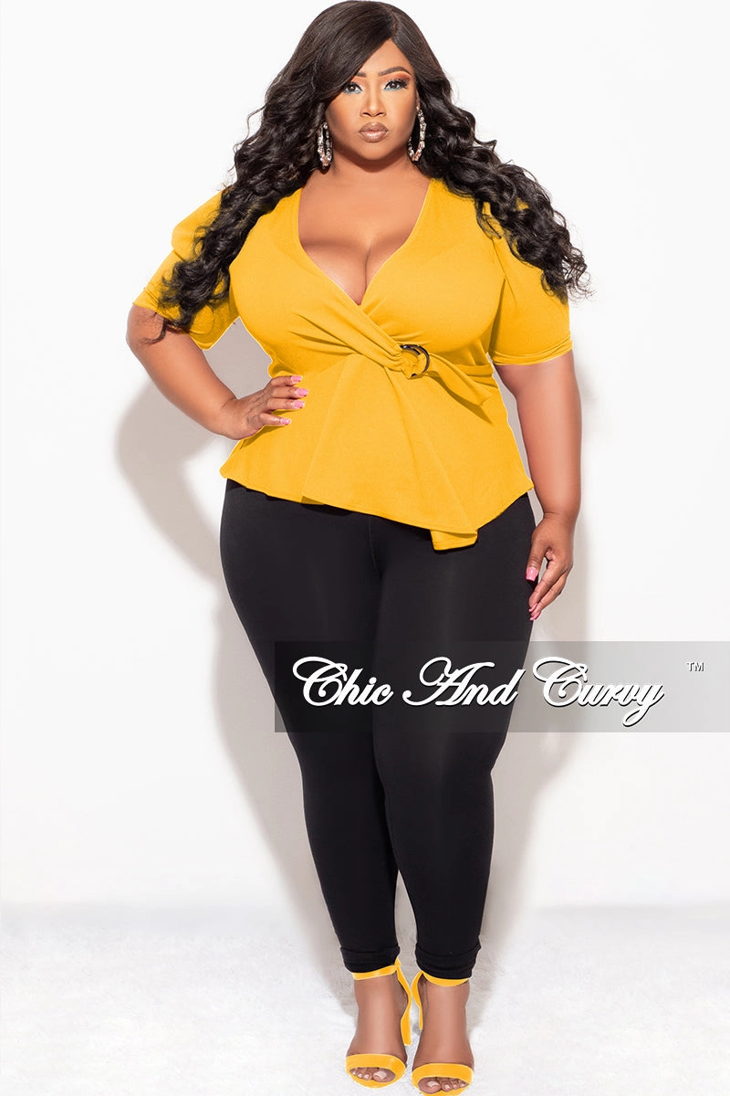 Final Sale Plus Size Faux Wrap Peplum Top in Mustard Comfy Material LightweightComfort