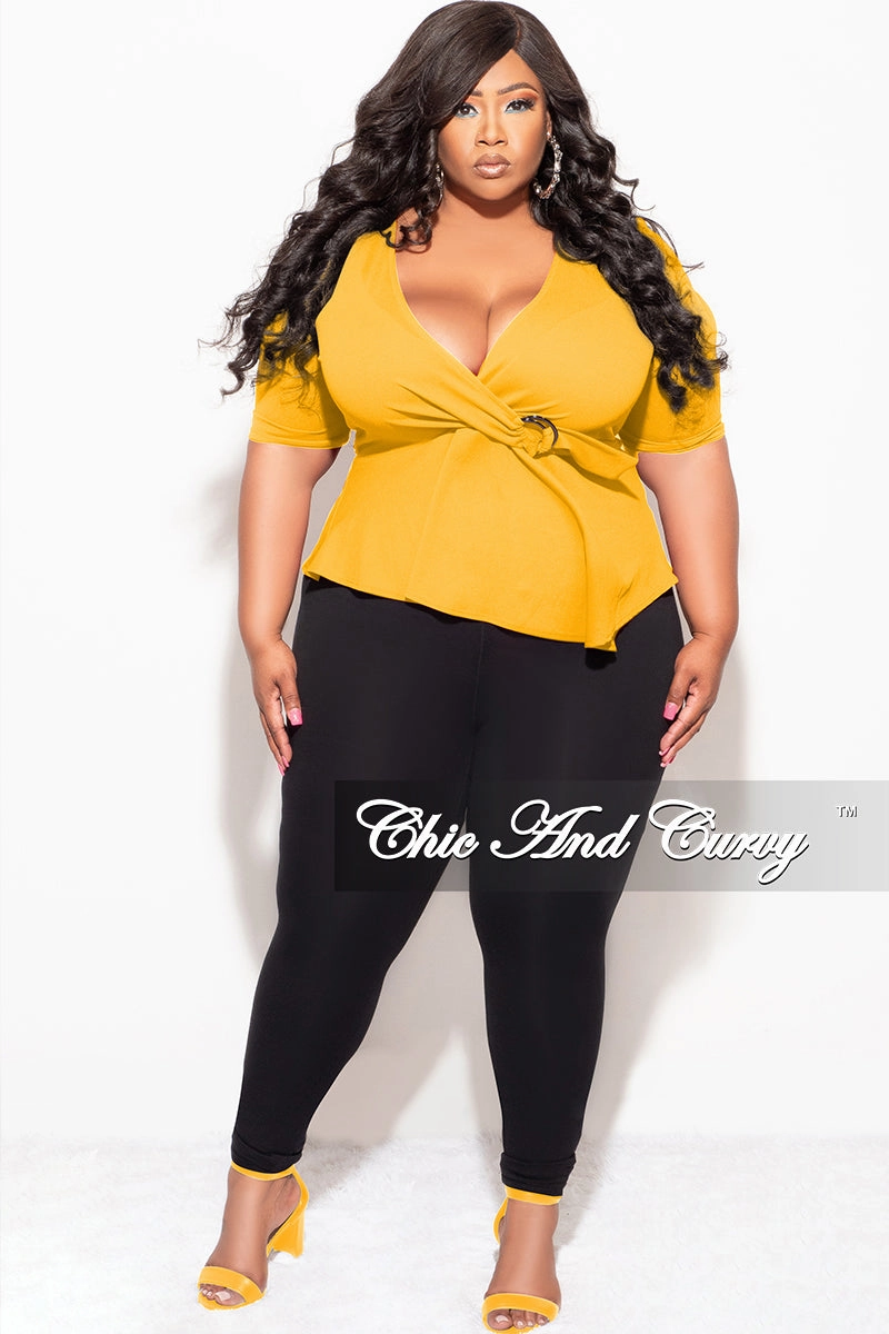 Final Sale Plus Size Faux Wrap Peplum Top in Mustard TaperedLeg Light Waist