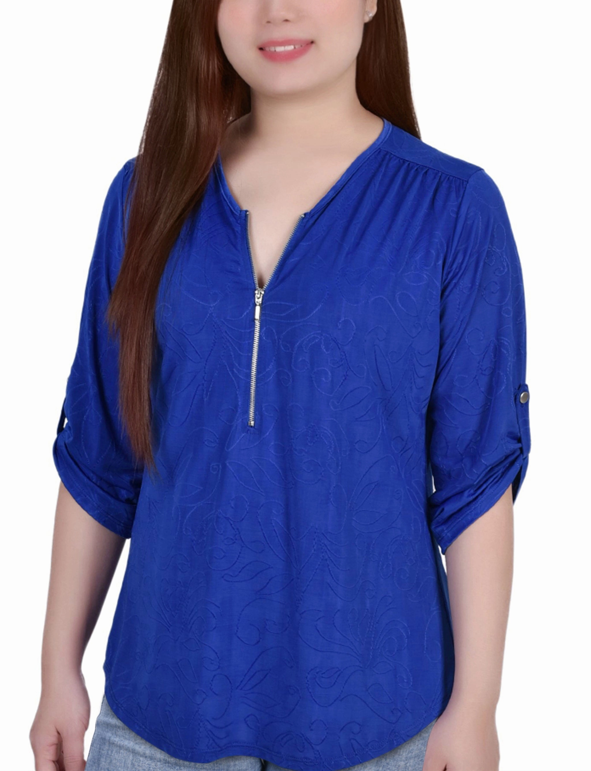 Anti Pilling Fabric 3/4 Roll Tab Zip Front Jacquard Knit Top