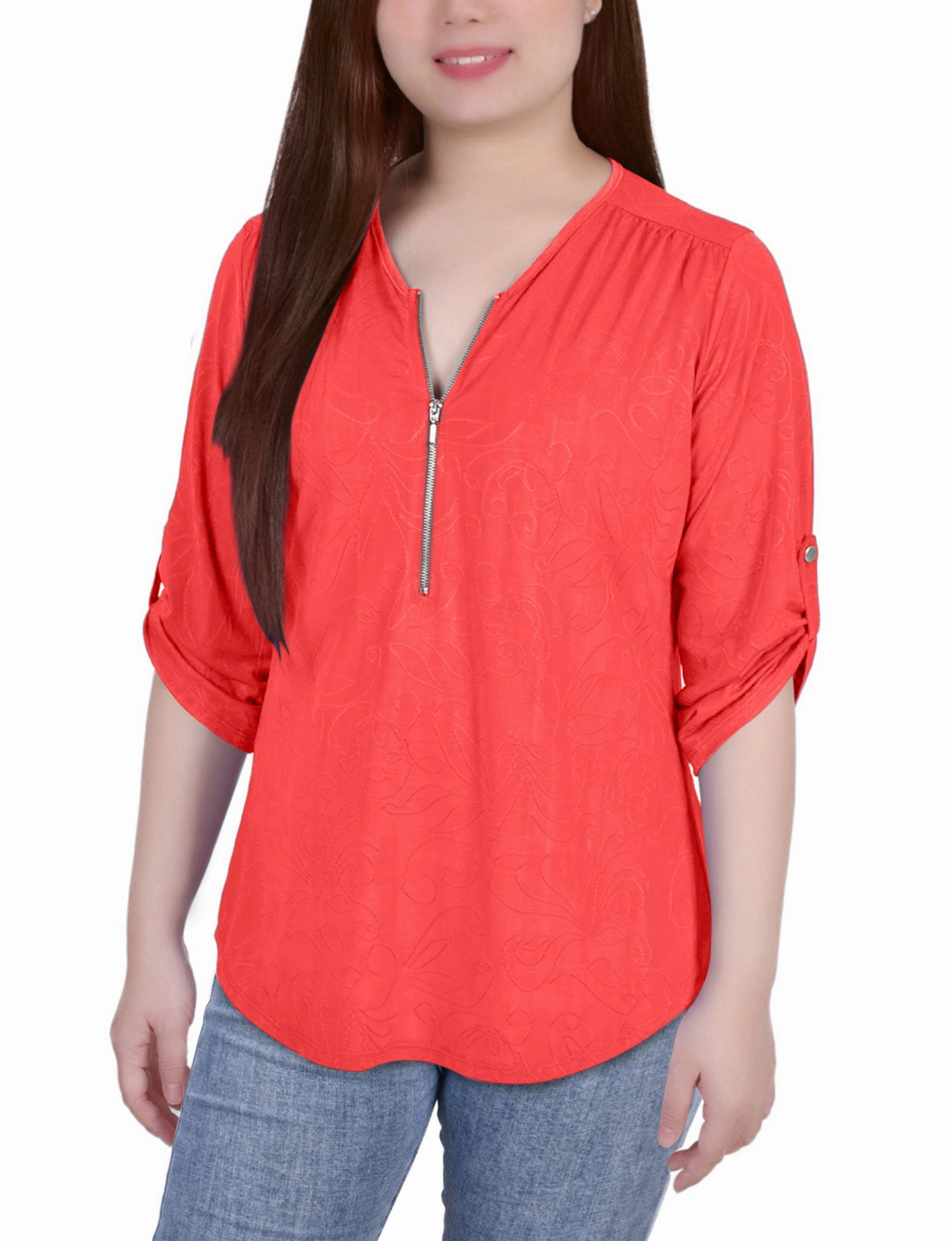 3/4 Roll Tab Zip Front Jacquard Knit Top ContrastTipping