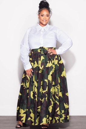 Final Sale Plus Size High Waist Maxi Skirt with Tie in Camouflage Print Neutral Shade