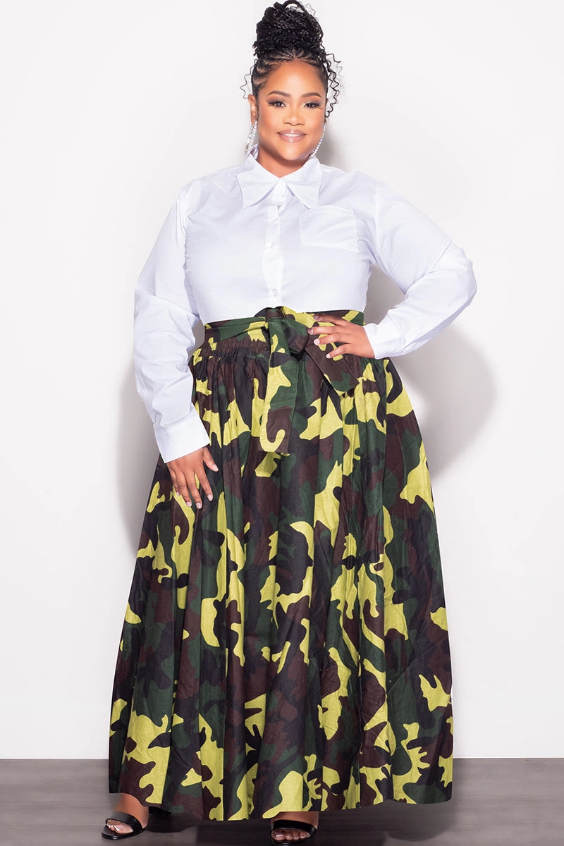 Final Sale Plus Size High Waist Maxi Skirt with Tie in Camouflage Print Neutral Shade