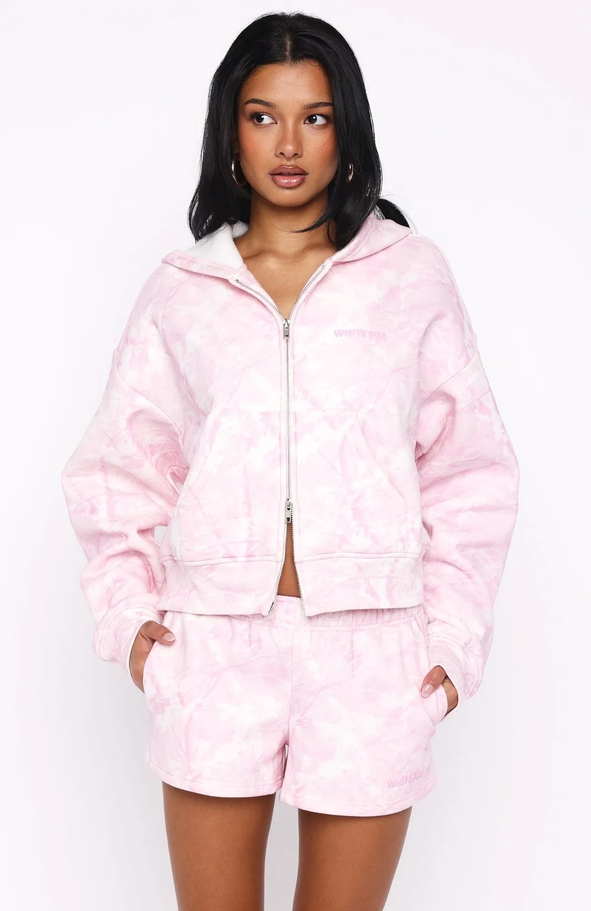 Hiding Away Boxy Zip Front Hoodie Pink Camo Mid layer Sweater Knit