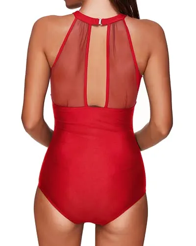 High Neck Ruched Monokini One Piece Swimsuit Mesh Plunge For Women-Red