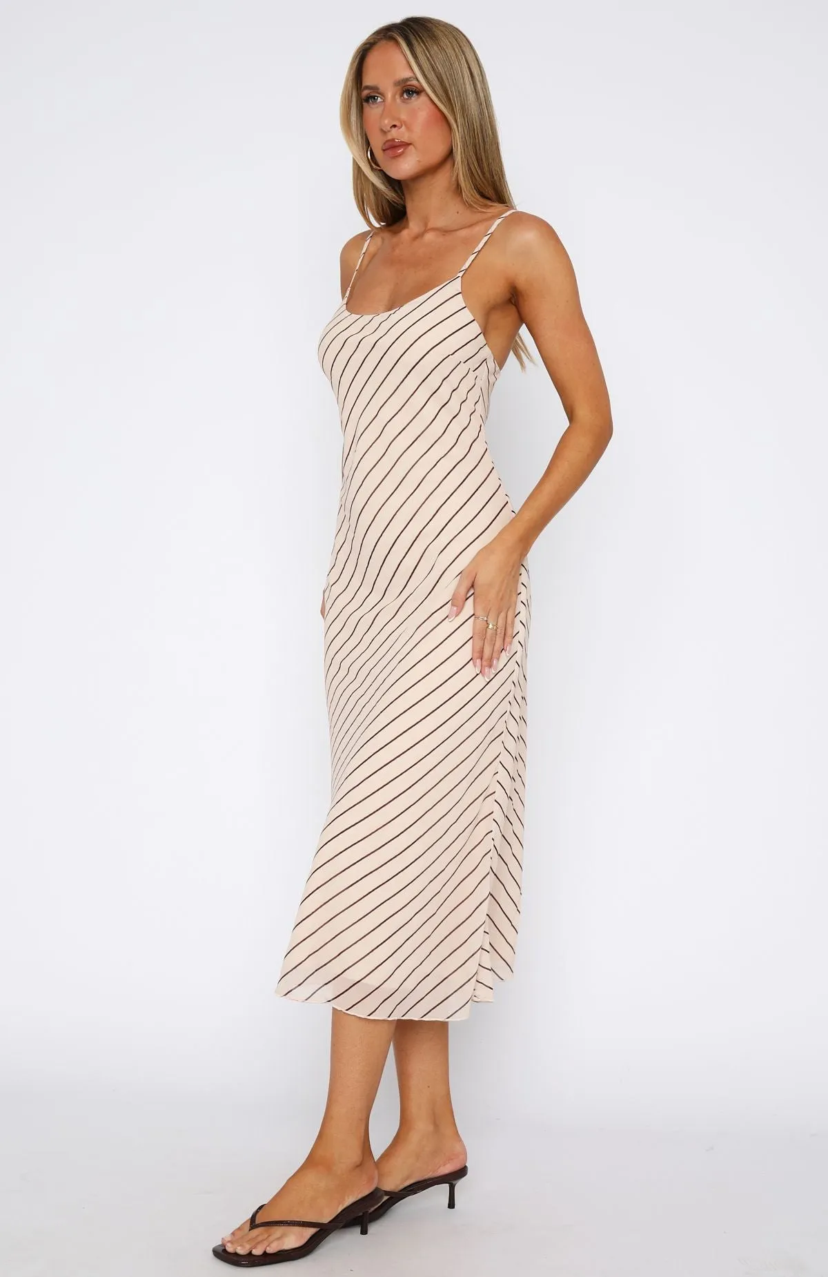 You Love Me Midi Dress Oat/Choc Stripe Stretch Technology CrossBackDesign