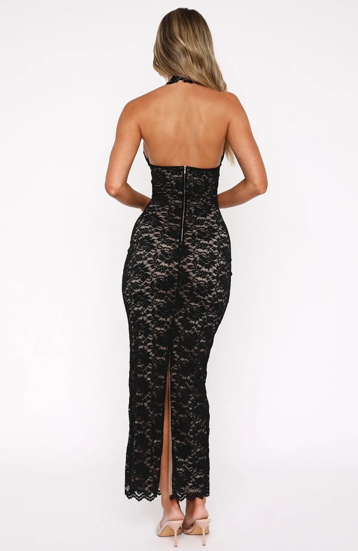 Ribbed Trim Details ZipperedPockets Destiny Lace Maxi Dress Black