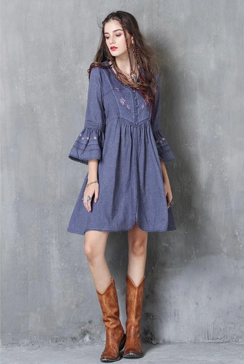 High Waist Flower Embroidery Flare Sleeve Denim Dress