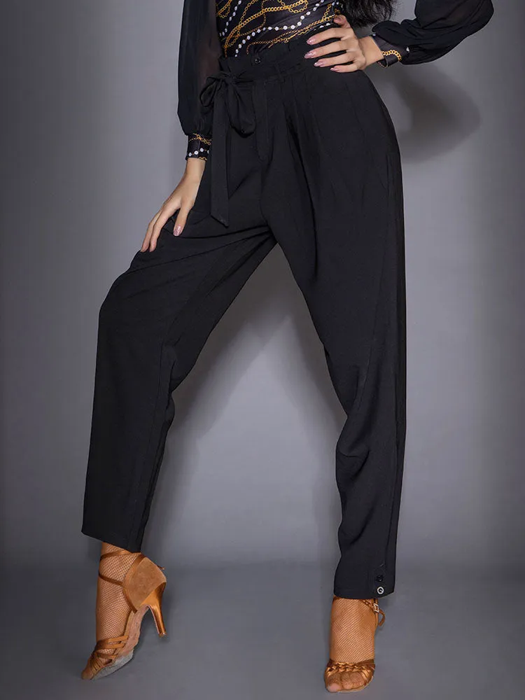High Waist Lace Up Front Pleated Latin Dance Pants Practice Trousers