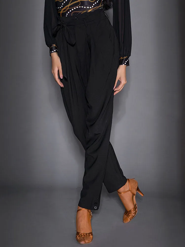 High Waist Lace Up Front Pleated Latin Dance Pants Practice Trousers