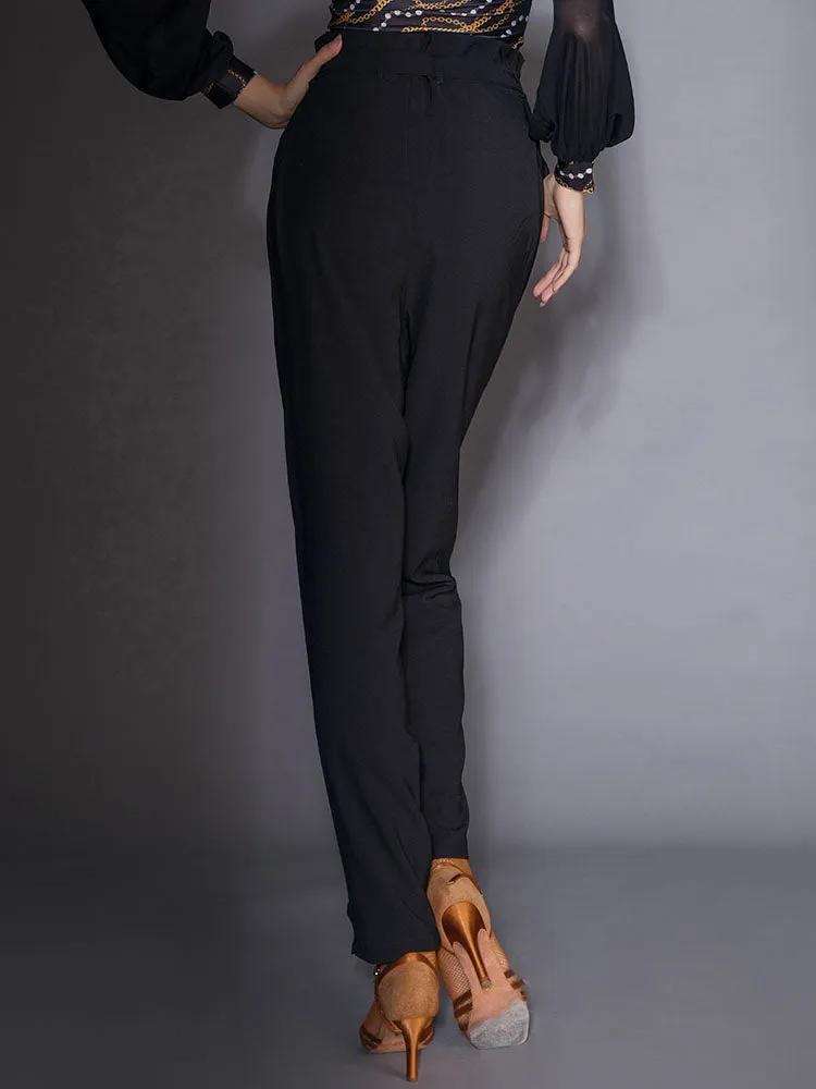 High Waist Lace Up Front Pleated Latin Dance Pants Practice Trousers