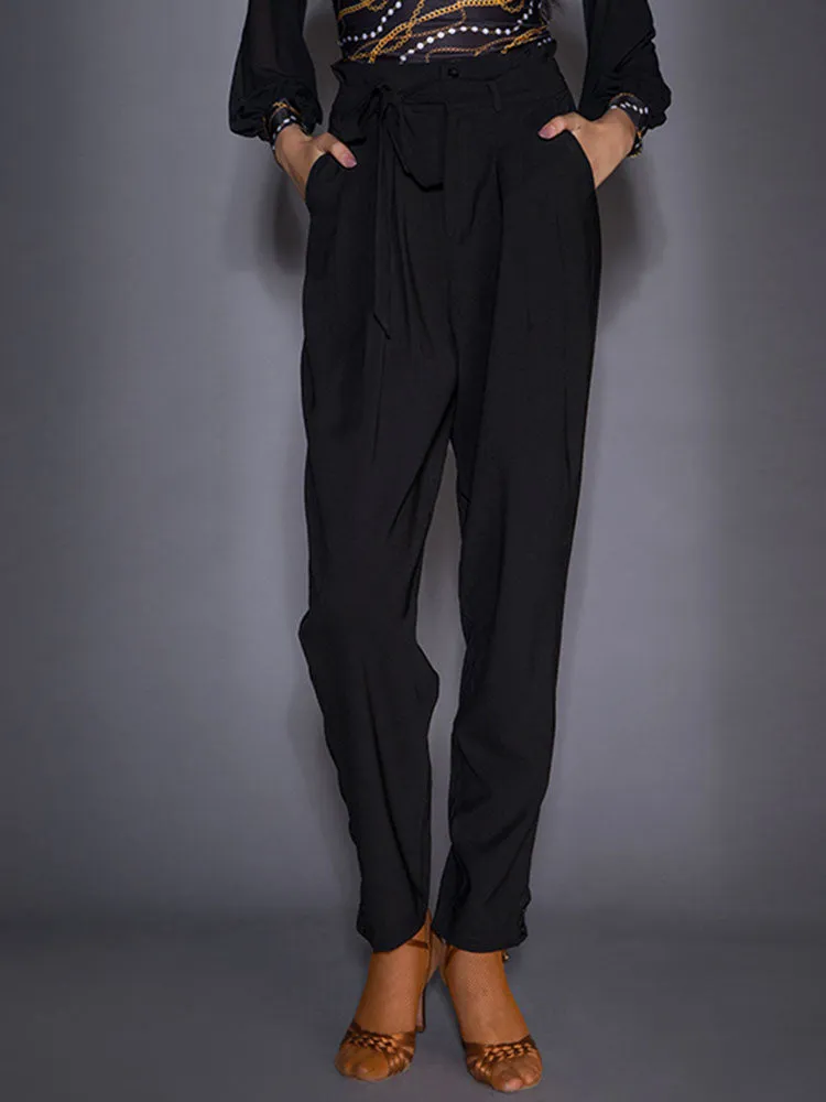 High Waist Lace Up Front Pleated Latin Dance Pants Practice Trousers