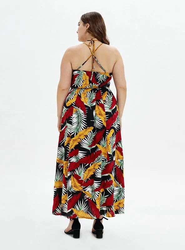 High Waist V-neck Beach Print Sling Dress