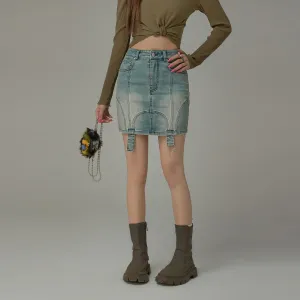 High Waisted Washed Denim Mini Skirt