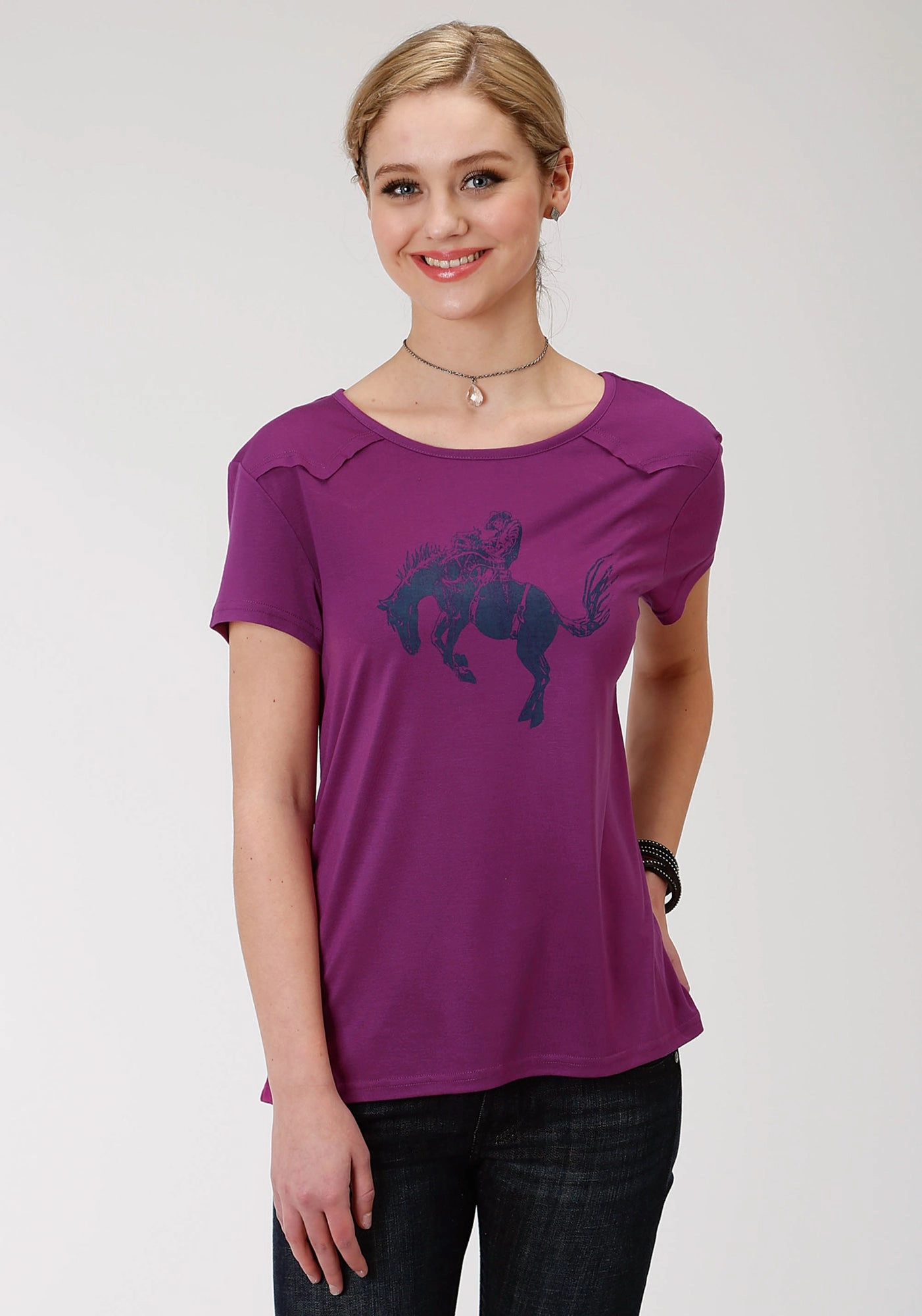 Roper Womens Purple Poly/Rayon Bronc Rider S/S Western T-Shirt Layered Sleeve Cuffs