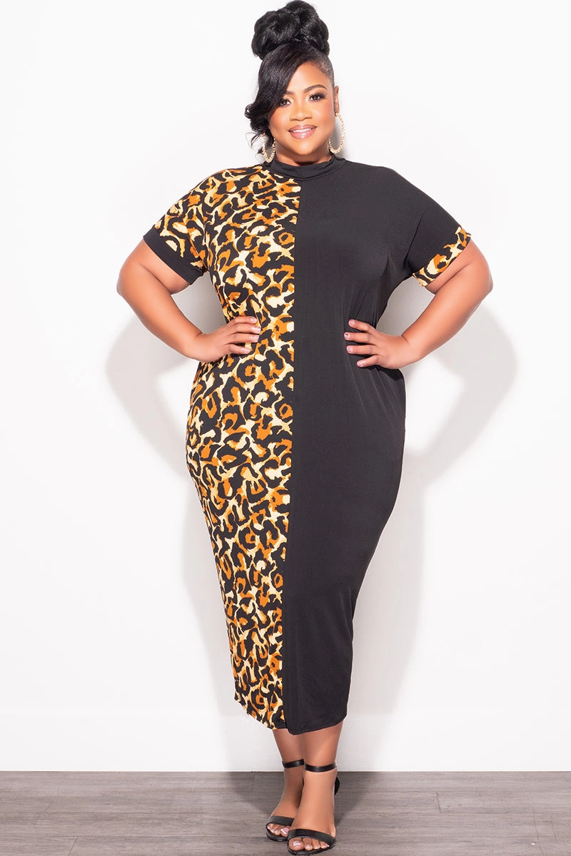 Breathable Wear Fit Sporty Touch Final Sale Plus Size Colorblock Dress in Animal Print and Black