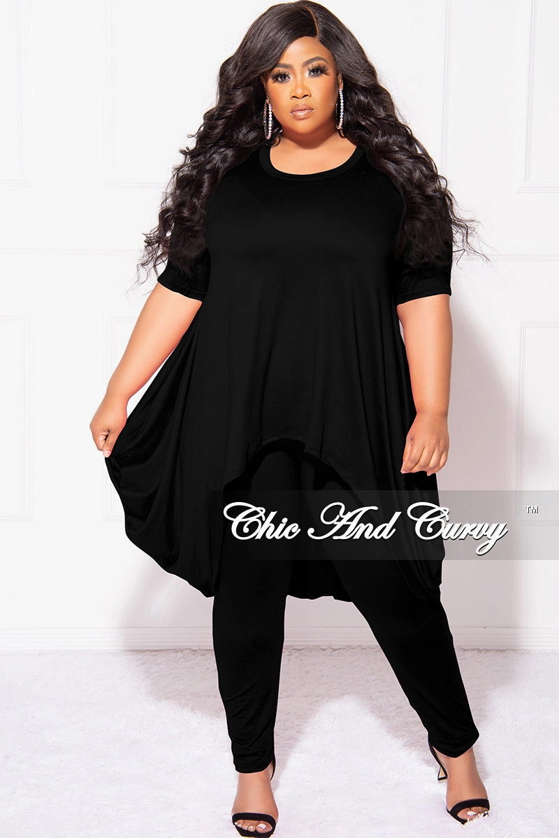 Final Sale Plus Size 2pc Short Sleeve High Low Top And Leggings Set In Black Chilly Wear Functional Fashion