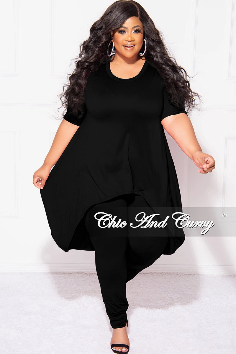 Final Sale Plus Size 2pc Short Sleeve High Low Top And Leggings Set In Black Slim Fit Design QuickReleaseBuckle
