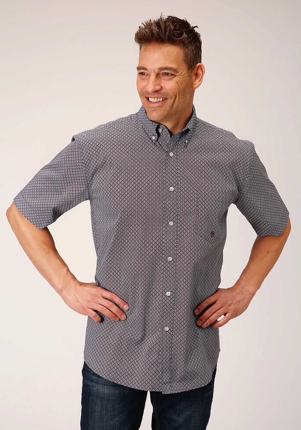 Travel Friendly Roper Mens Classic Geo Blue 100% Cotton S/S Shirt