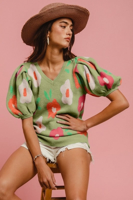 WINNIE FLORAL PATTERN PUFF SLEEVES V-NECK SWEATER S-XL MultiPurposeUtility UPF Protective Fabric