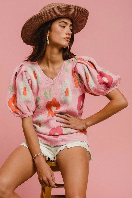 ConvertibleCollarSystem WINNIE FLORAL PATTERN PUFF SLEEVES V-NECK SWEATER S-XL