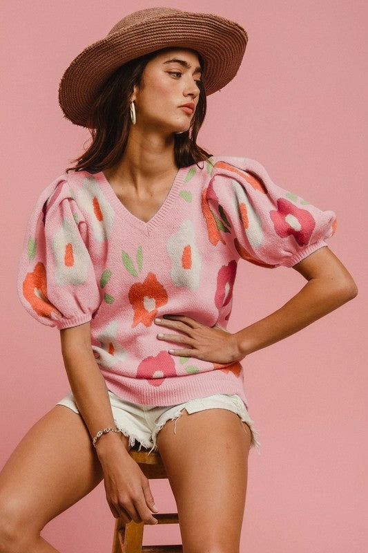 Bold Design WINNIE FLORAL PATTERN PUFF SLEEVES V-NECK SWEATER S-XL