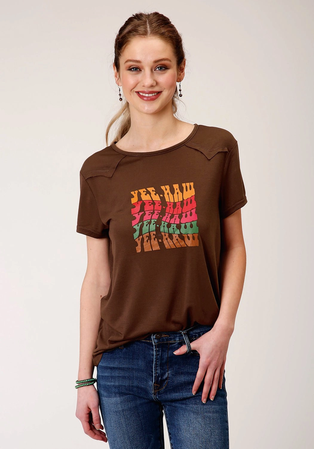 Seasonal Wear Street Comfort Roper Womens Brown Poly/Rayon YeeHaw S/S T-Shirt