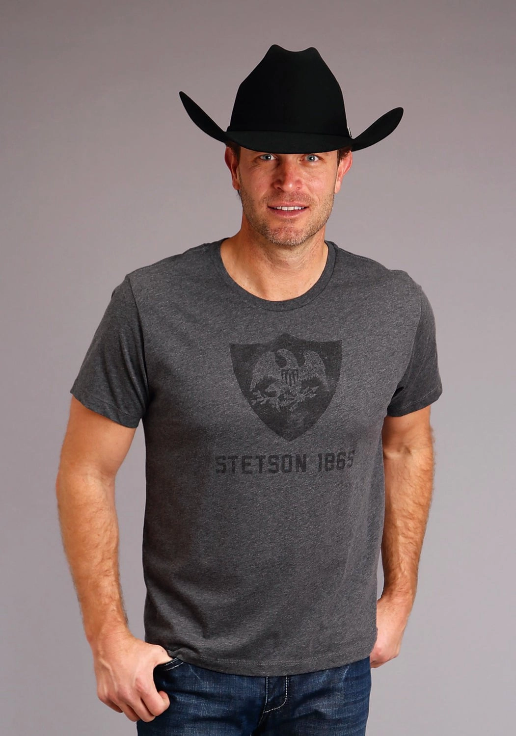 Asymmetrical Cut Sporty Comfort Stetson Unisex Grey Cotton Blend Eagle Crest S/S T-Shirt