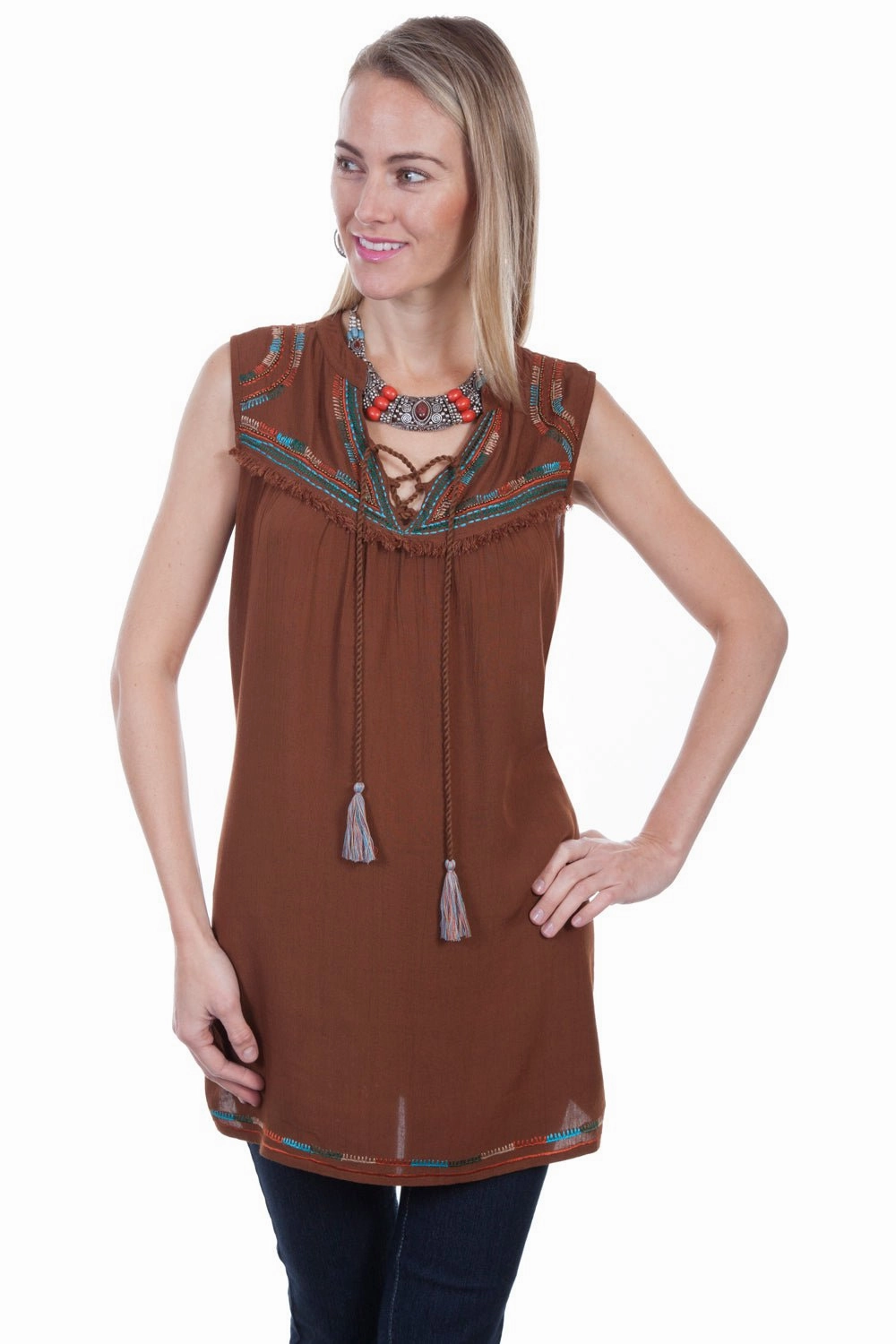 Scully Womens Cinnamon Viscose Embroidered S/L Tunic Dressy look