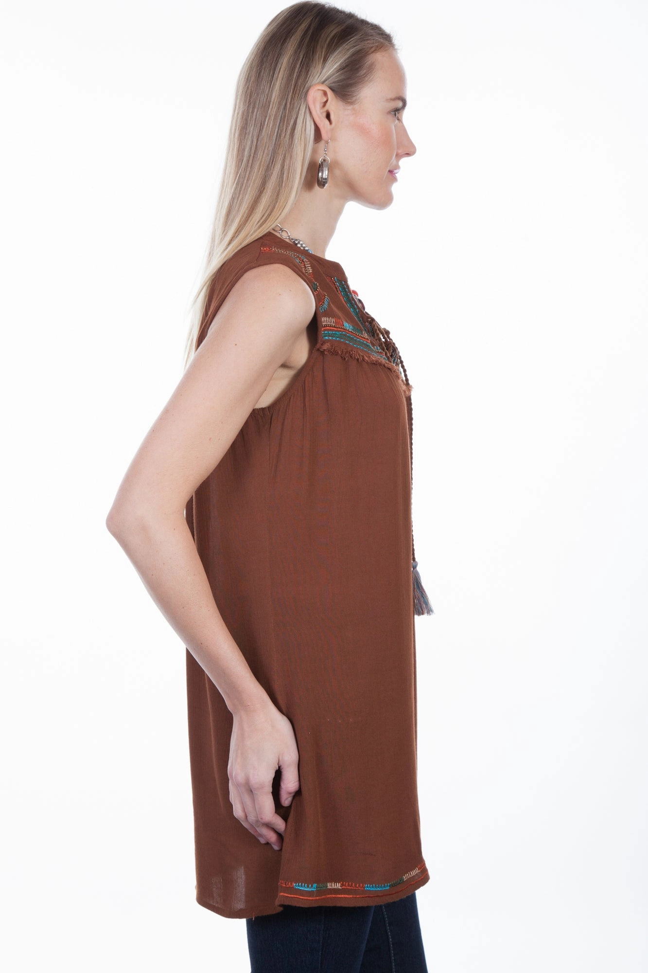 Scully Womens Cinnamon Viscose Embroidered S/L Tunic Moisture Wicking Material Anniversary Celebration