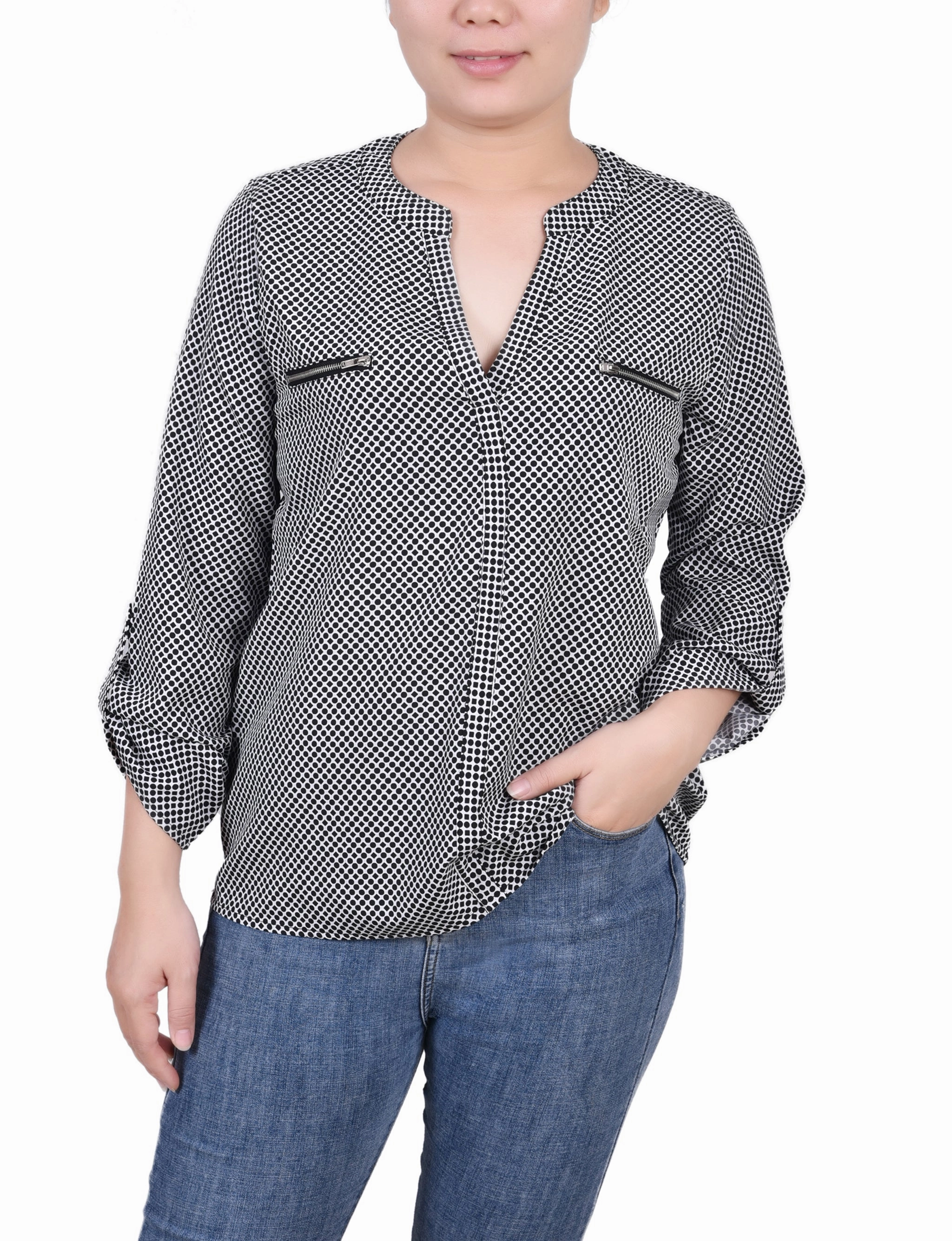 Long Roll Tab Sleeve Zip Pocket Blouse Quick Dry Fabric High Density Weave