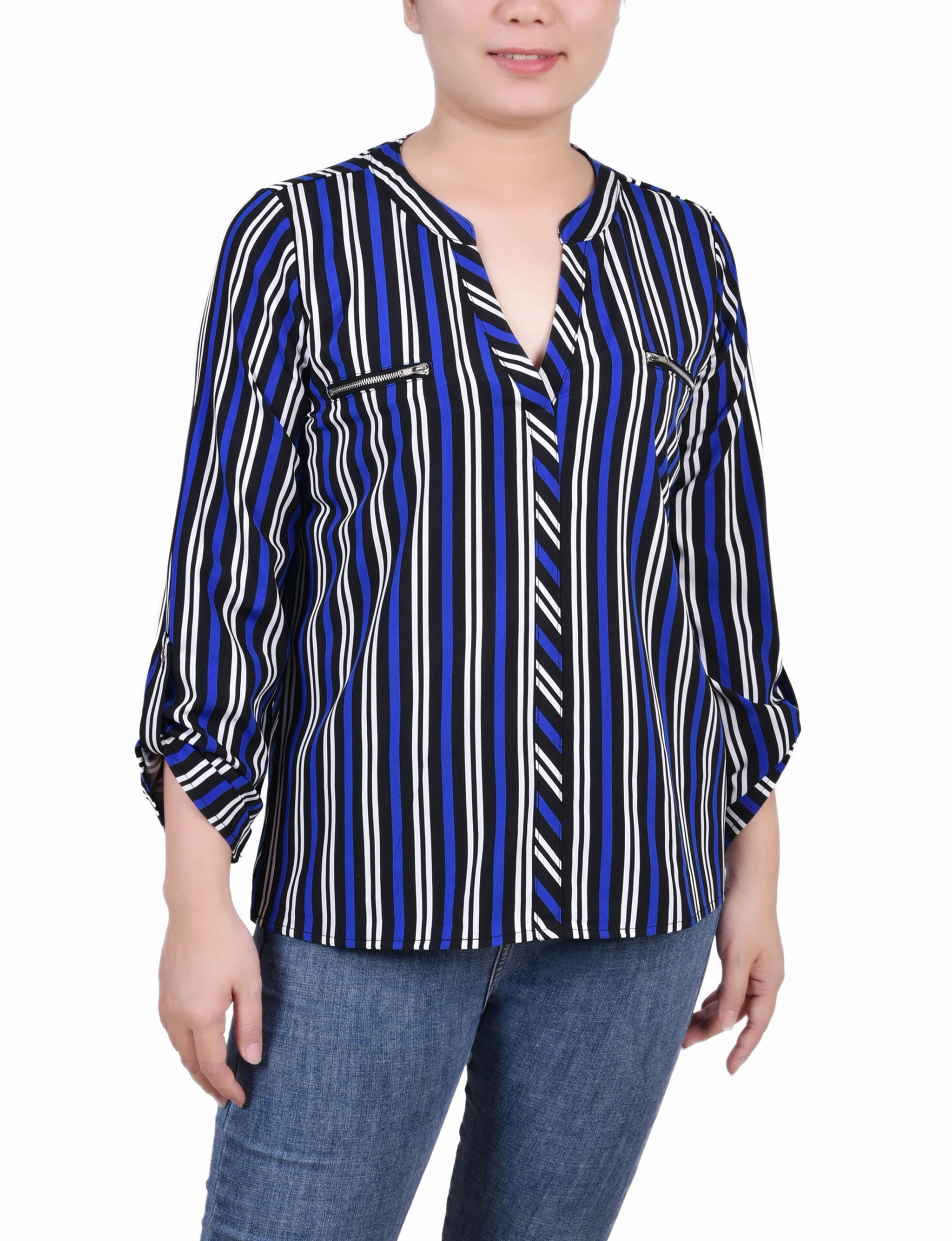 Long Roll Tab Sleeve Zip Pocket Blouse Flexible Knit Blend Flatlock Seam Design