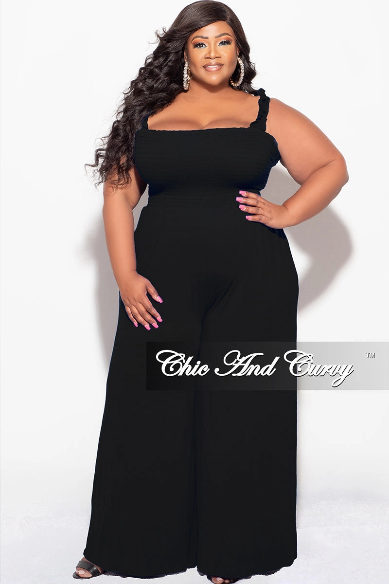 Final Sale Plus Size Jumpsuit with Smocking & Elastic Straps in Black Daily Comfort Fit