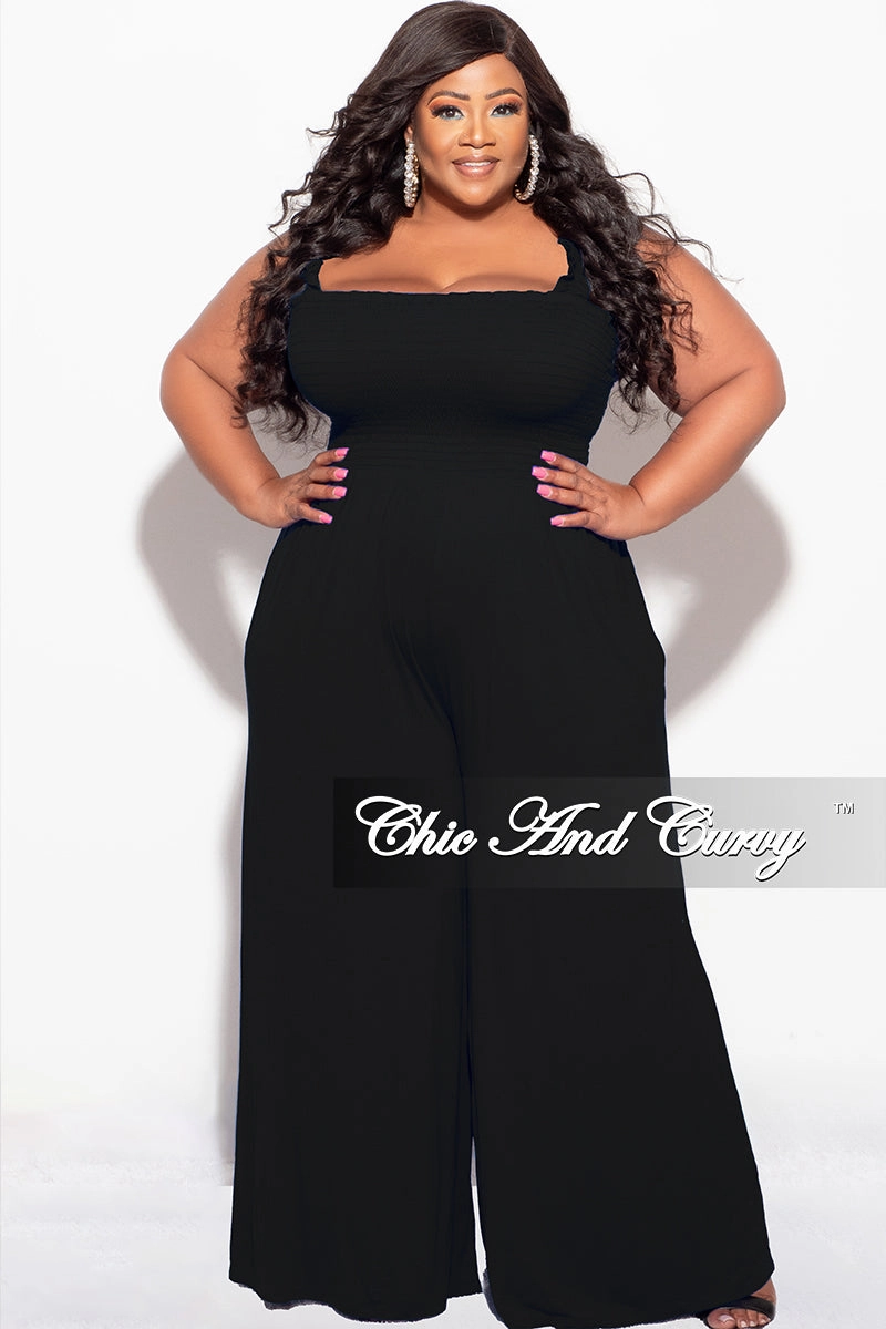 Final Sale Plus Size Jumpsuit with Smocking & Elastic Straps in Black All Season Wear