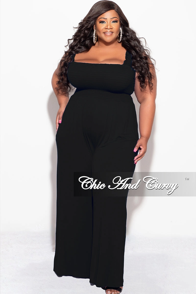 Final Sale Plus Size Jumpsuit with Smocking & Elastic Straps in Black Casual Comfort Wear
