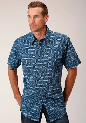 Roper Mens Mini Aztec Blue 100% Cotton S/S Shirt Reinforced Hems