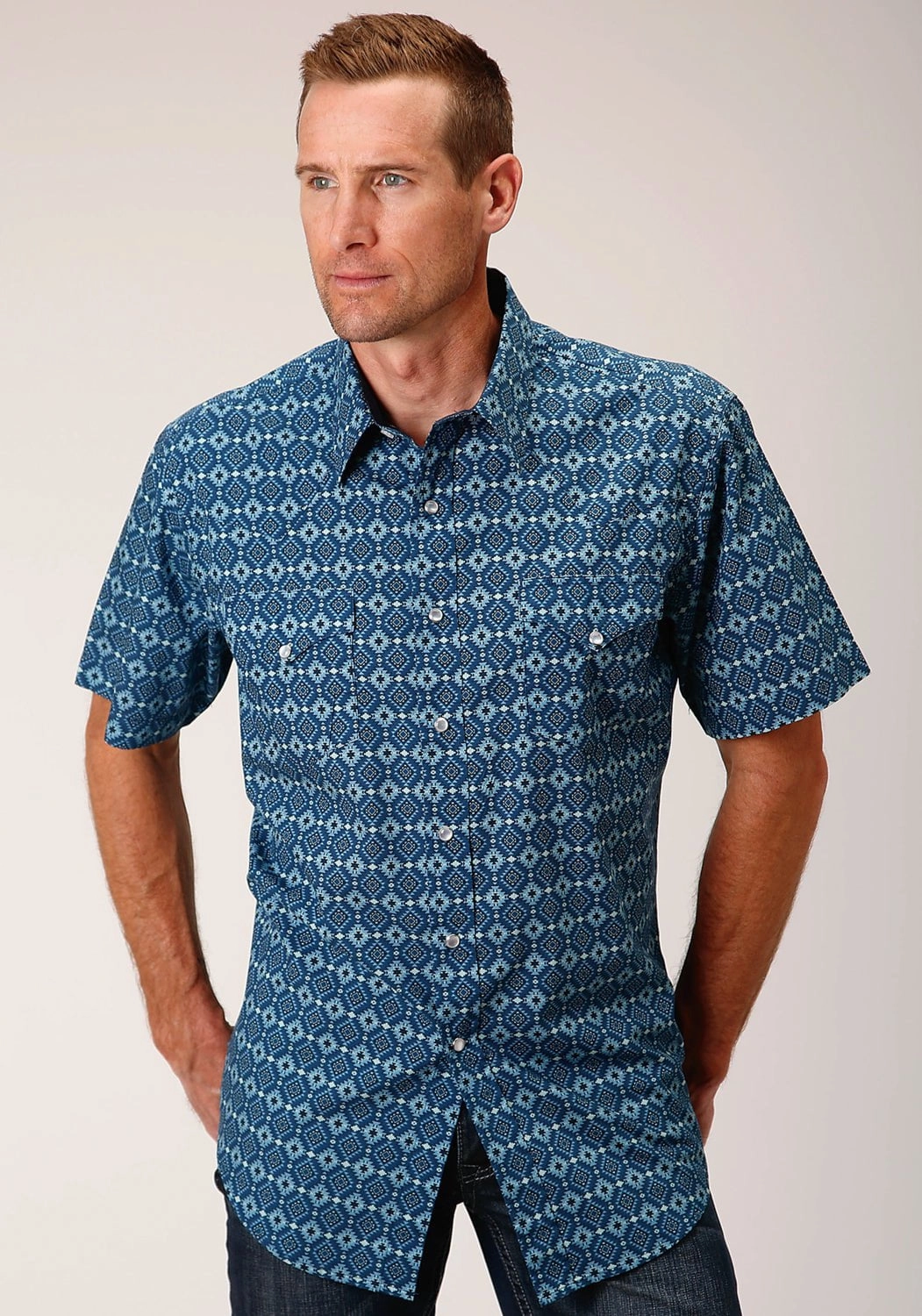 Minimalist Design Roper Mens Mini Aztec Blue 100% Cotton S/S Shirt