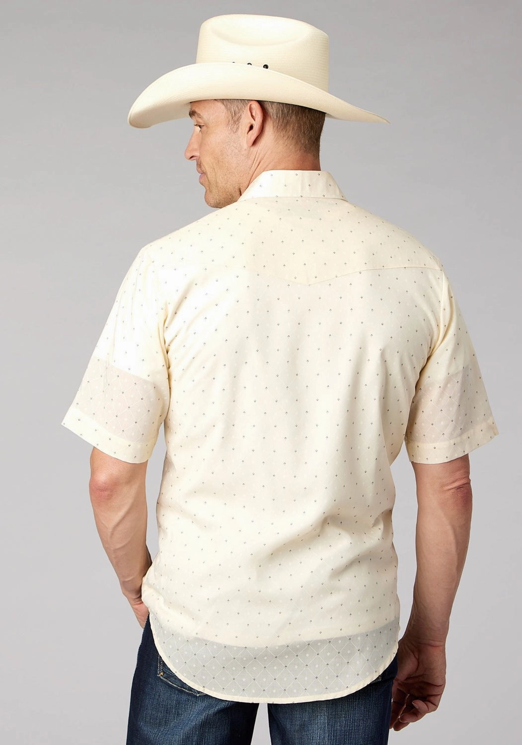 Roper Mens 2067 Diamond Wallpaper White Cotton Blend S/S Shirt Durable Fabric Contrast Stitch