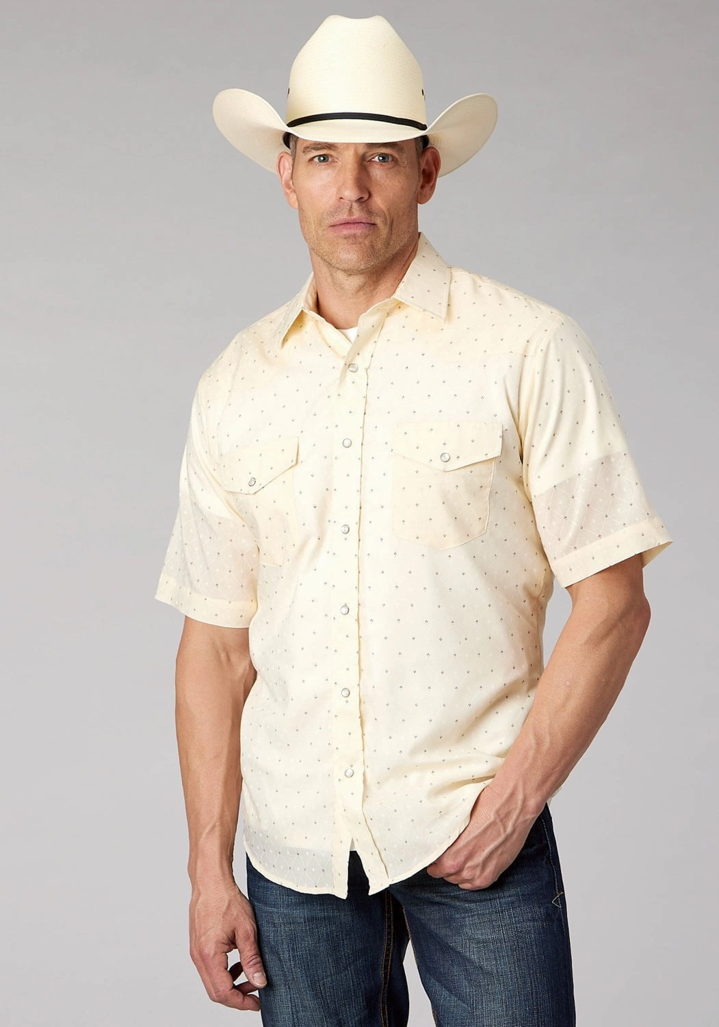 Tailored Cut Roper Mens 2067 Diamond Wallpaper White Cotton Blend S/S Shirt