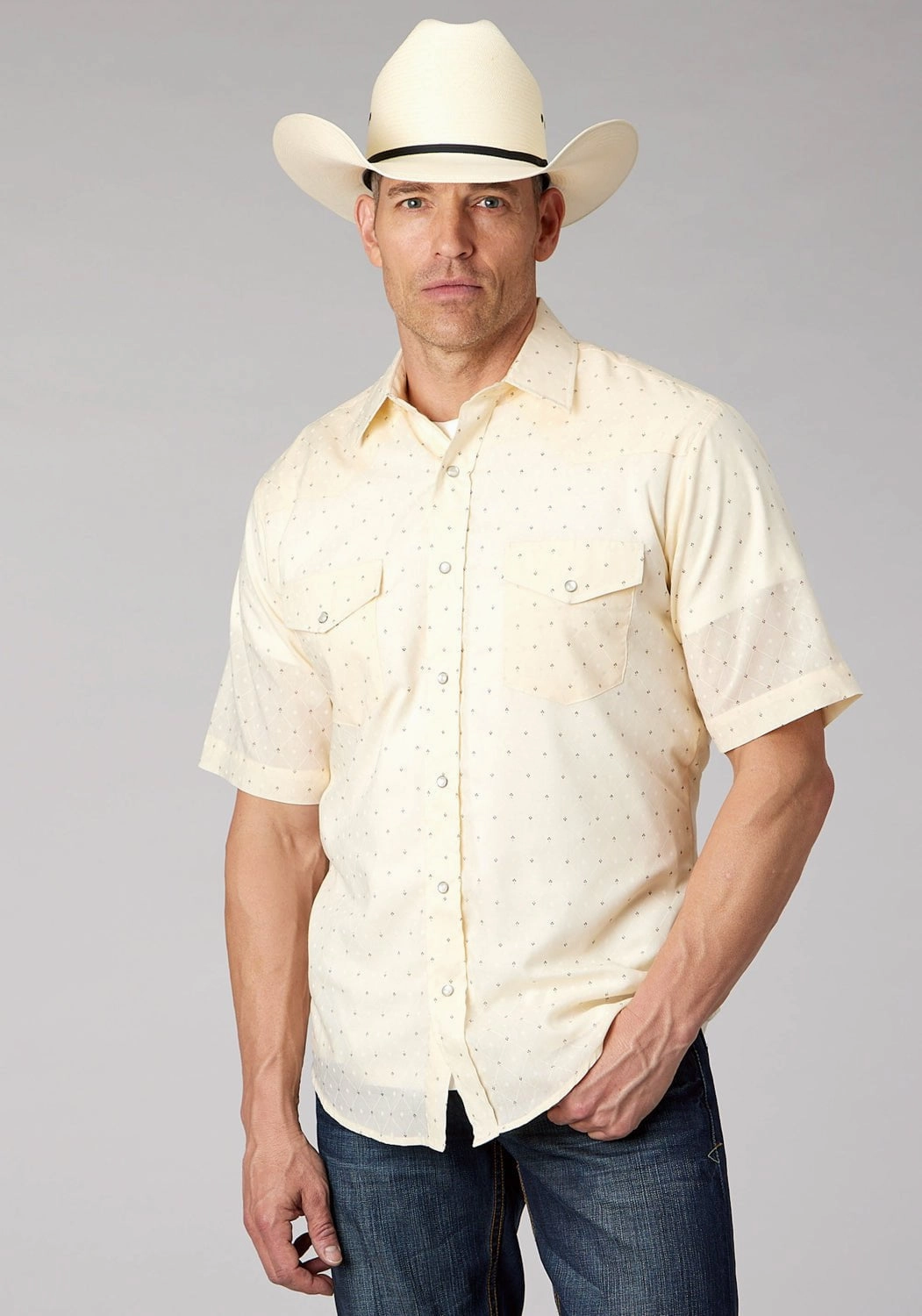 Roper Mens 2067 Diamond Wallpaper White Cotton Blend S/S Shirt Beach Attire