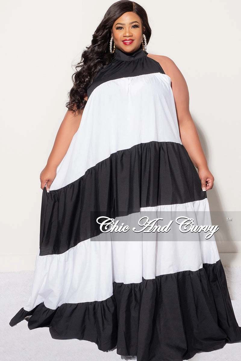 Final Sale Plus Size Halter Maxi Dress in Black & White Sporty Layer