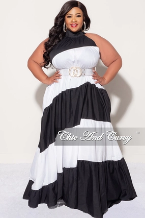 Mid Rise Final Sale Plus Size Halter Maxi Dress in Black & White