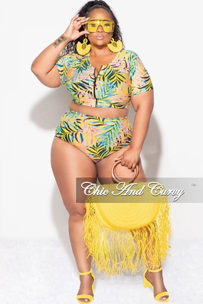 Loose Design Exclusive Chic And Curvy - Final Sale Plus Size 2pc Swimwear in Yellow Tropical Print