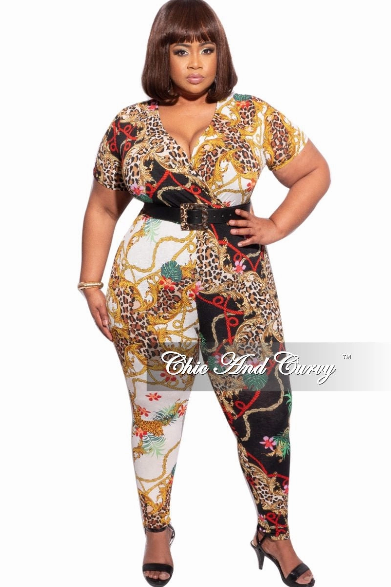 Final Sale Plus Size Faux Wrap Jumpsuit in Animal and Chain Multicolor Print LightweightInsulation